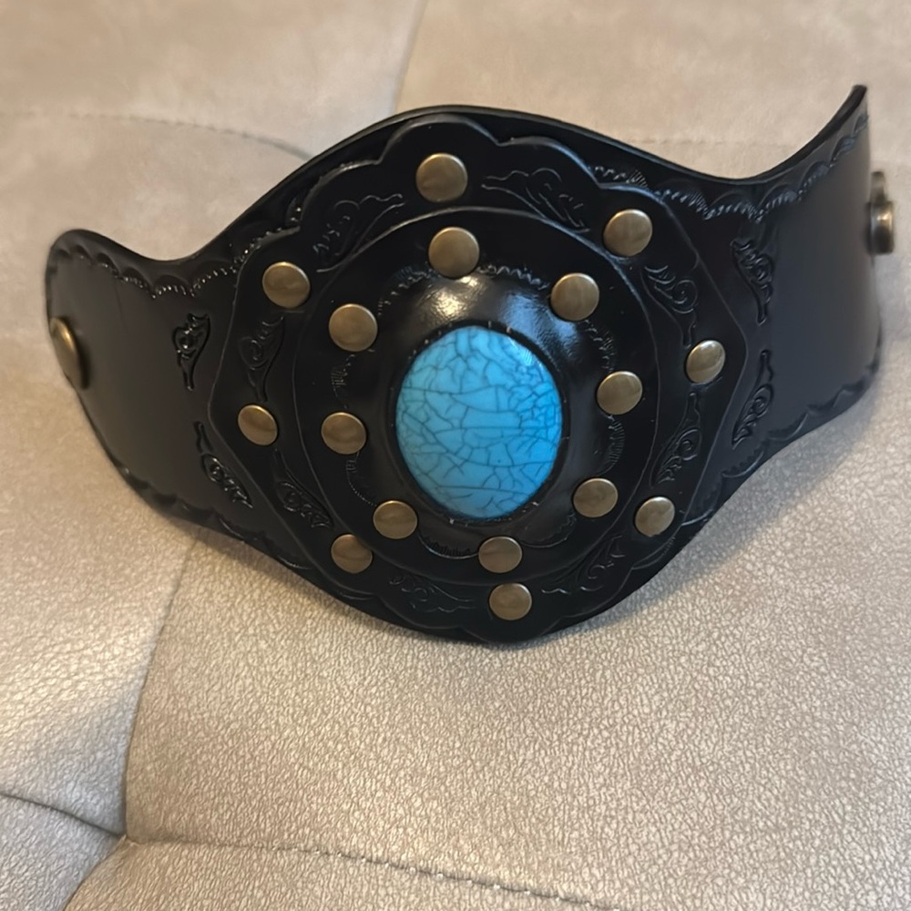 Black Leather Cuff Bracelet with Turquoise Accent